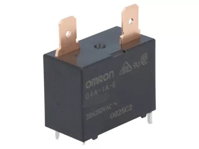 Used Omron PCB Mount Power Relay, 24V DC Coil, 20A Switching Current - Omron G4A-1A-E power relay, a black rectangular PCB mount component with two top-facing copper blade terminals and four bottom pins.