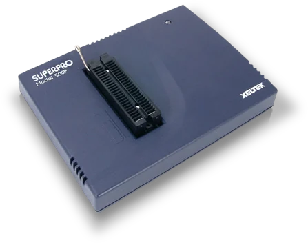 Used SUPERPRO 500P Universal Programmer High-Speed IC Programming - a dark blue rectangular device featuring a central 48-pin ZIF socket and a small status indicator light.