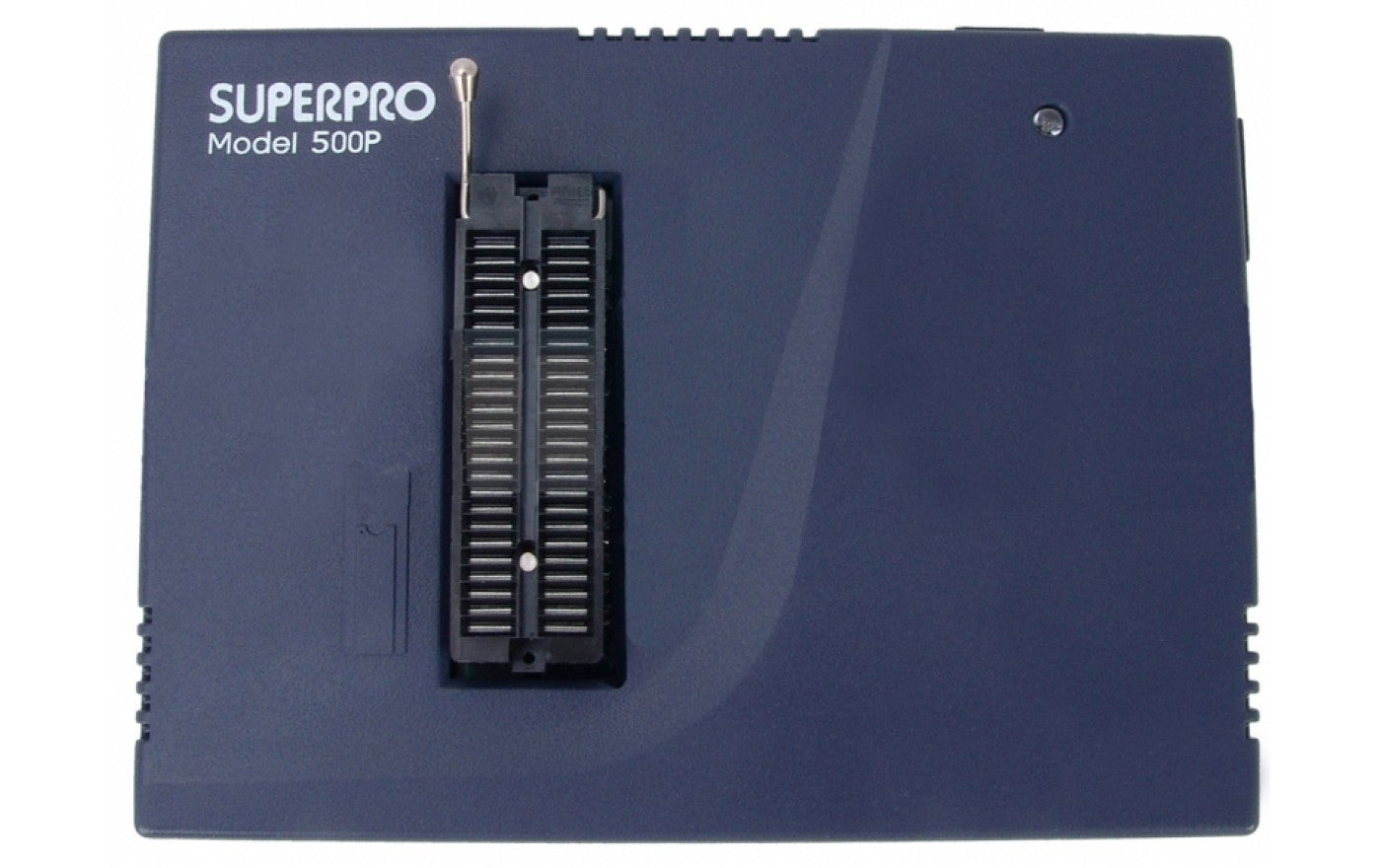 Used SUPERPRO 500P Universal Programmer High-Speed IC Programming - SuperPro Model 500P universal programmer in a dark blue rectangular casing featuring a central ZIF socket and a single LED indicator light.