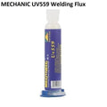 UV559 Mechanic Soldering Flux Paste UV559 No Clean BGA Solder Ball Repair Welding Paste For Phone PCB Pga SMD Rework - a white, cylindrical syringe-style tube with a blue label featuring yellow text and a barcode, standing on a blue base.