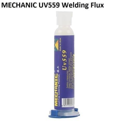 UV559 Mechanic Soldering Flux Paste UV559 No Clean BGA Solder Ball Repair Welding Paste For Phone PCB Pga SMD Rework - a white, cylindrical syringe-style tube with a blue label featuring yellow text and a barcode, standing on a blue base.