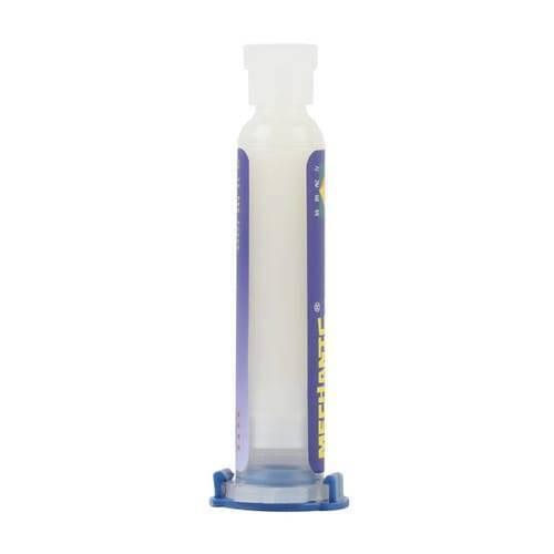 UV559 Mechanic Soldering Flux Paste UV559 No Clean BGA Solder Ball Repair Welding Paste For Phone PCB Pga SMD Rework - shown as a translucent white cylindrical syringe with a blue label and a blue plunger base.