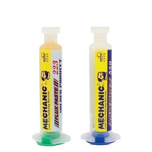UV559 Mechanic Soldering Flux Paste UV559 No Clean BGA Solder Ball Repair Welding Paste For Phone PCB Pga SMD Rework - Mechanic 223 and 559 flux paste, two cylindrical plastic syringes with yellow labels, standing upright against a white background.