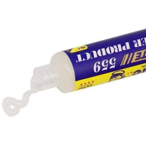 UV559 Mechanic Soldering Flux Paste UV559 No Clean BGA Solder Ball Repair Welding Paste For Phone PCB Pga SMD Rework - shown as a close-up of a blue and yellow tube with a clear nozzle dispensing a small amount of translucent gel.