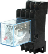 Uxcell HH54P DC 12V Coil 14-Pin Power Relay 4P2T with base| Digilog.pk - clear plastic cover and black base, featuring a 14-pin configuration, internal coil, and a small red indicator light.