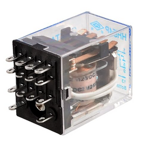Uxcell HH54P DC 12V Coil 14-Pin Power Relay 4P2T with base| Digilog.pk - transparent plastic housing, showing the internal copper coil and metal terminal pins on the black base.