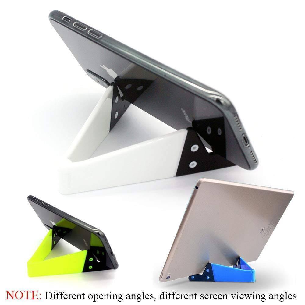 V Shaped Fold Able Universal Mobile Phone Tablet Pc Stand Holder Pocket-sized Kickstand For Desk - shown in white, neon yellow, and blue, supporting a smartphone and a tablet.