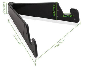 V Shaped Fold Able Universal Mobile Phone Tablet Pc Stand Holder Pocket-sized Kickstand For Desk - a black V-shaped plastic stand shown with green dimension lines and measurements in cm and inches.