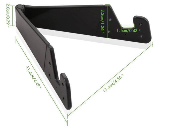 V Shaped Fold Able Universal Mobile Phone Tablet Pc Stand Holder Pocket-sized Kickstand For Desk - a black V-shaped plastic stand shown with green dimension lines and measurements in cm and inches.