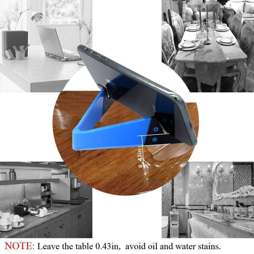 V Shaped Fold Able Universal Mobile Phone Tablet Pc Stand Holder Pocket-sized Kickstand For Desk - a blue plastic stand supporting a smartphone with a 0.43-inch dimension label.