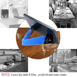 V Shaped Fold Able Universal Mobile Phone Tablet Pc Stand Holder Pocket-sized Kickstand For Desk - a blue plastic stand supporting a smartphone with a 0.43-inch dimension label.