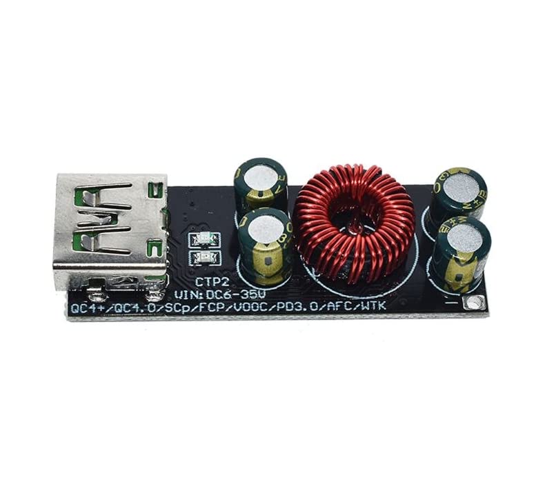 V790 SW3518S module Fast Charging DC6-32V QC4.0 PD3.0 Type-C VOOC - a black circuit board featuring a USB Type-A port, four cylindrical capacitors, and a copper-wound inductor coil.