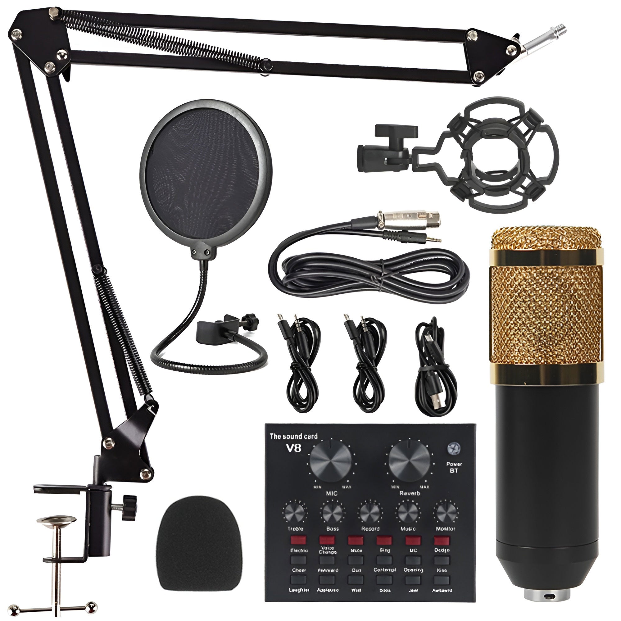 V8 Bm-800 Podcast Mic Set With Live Sound Card,Condenser Microphone With Rechargeable 12 Kinds Of Auxiliary Background For Karaoke Singing, Youtube - a black condenser microphone, V8 sound card with knobs and buttons, boom arm, pop filter, shock mount, and cables.