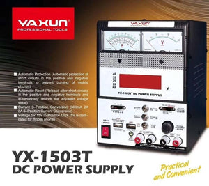 Variable Power Supply For Mobile Repairing YX1503T 15V 3A MULTI FUNCTION - YX-1503T DC Power Supply showing a black, box-shaped unit with two analog gauges, a red digital display, a power switch, knobs, and output terminals.