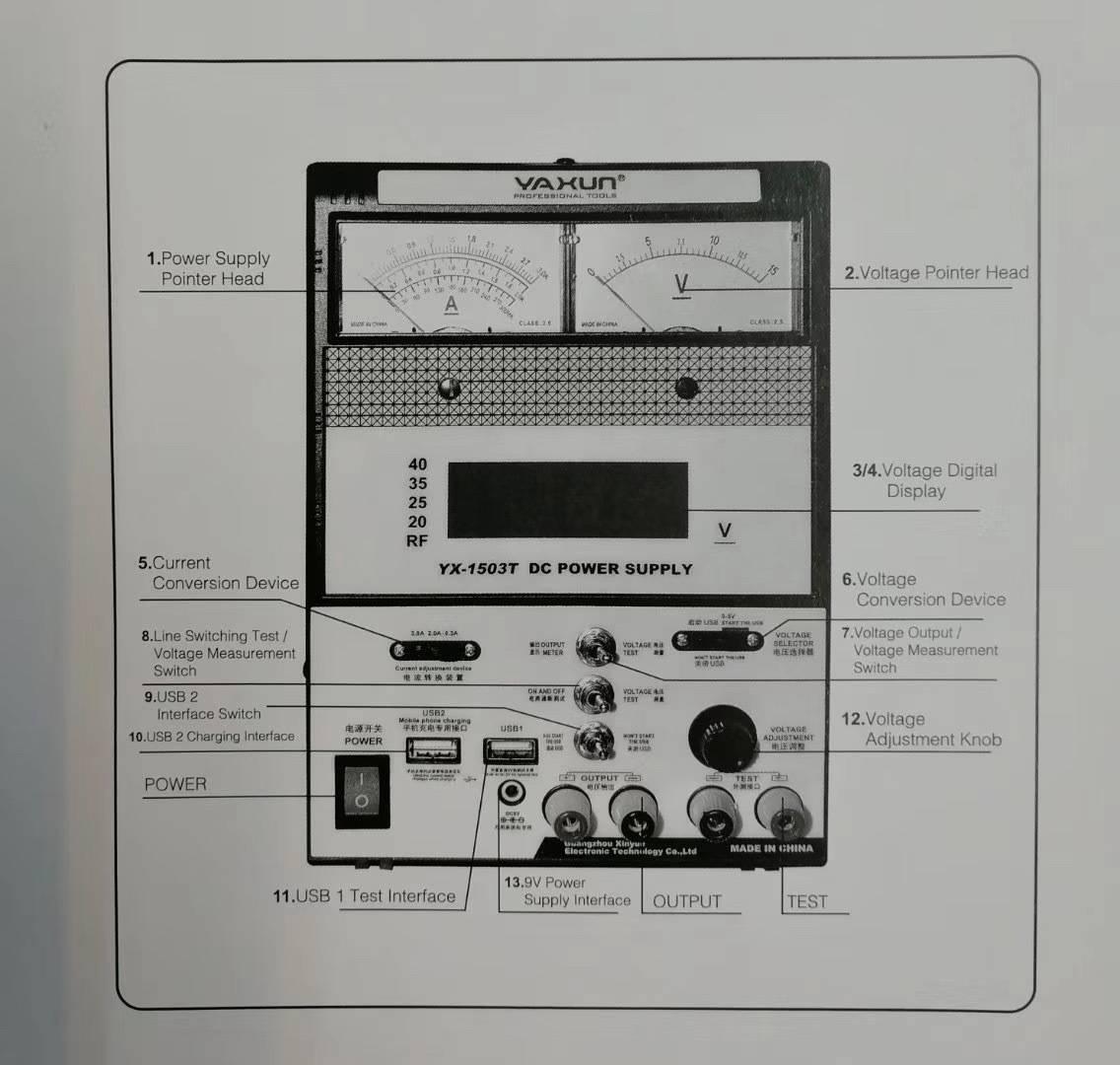 Variable Power Supply For Mobile Repairing YX1503T 15V 3A MULTI FUNCTION - YX-1503T DC Power Supply, a diagram showing the front panel with two analog pointer heads, a digital display, various switches, ports, and knobs.