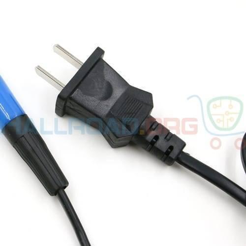 Variable Tni-u 60W Soldering Iron 093D+ - close-up of the black two-prong power plug and the black handle with a blue grip.