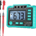 VC60B+ Digital Insulation Resistance Tester - teal meter showing 673 MΩ with 250V, 500V and 1000V buttons and test leads