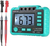 VC60B+ Digital Insulation Resistance Tester - teal meter showing 673 MΩ with 250V, 500V and 1000V buttons and test leads