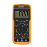 VC9205A LCD Digital Multimeter AC/DC - a yellow handheld device with a central rotary dial, a digital display reading -00.0, and four input ports at the bottom.