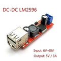 Vehicle Battery Charger 3A Dual USB Output LM2596 Buck Converter - a red circuit board with a blue screw terminal, a coil, capacitors, and a USB port.