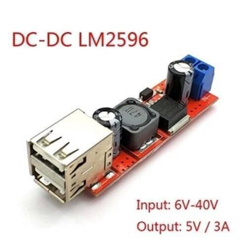 Vehicle Battery Charger 3A Dual USB Output LM2596 Buck Converter - a red circuit board with a blue screw terminal, a coil, capacitors, and a USB port.