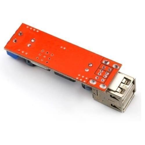 Vehicle Battery Charger 3A Dual USB Output LM2596 Buck Converter - shown from the bottom, featuring an orange circuit board with a USB port.