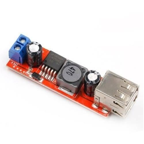 Vehicle Battery Charger 3A Dual USB Output LM2596 Buck Converter - a red circuit board with a screw terminal, capacitors, an inductor, and a USB port.