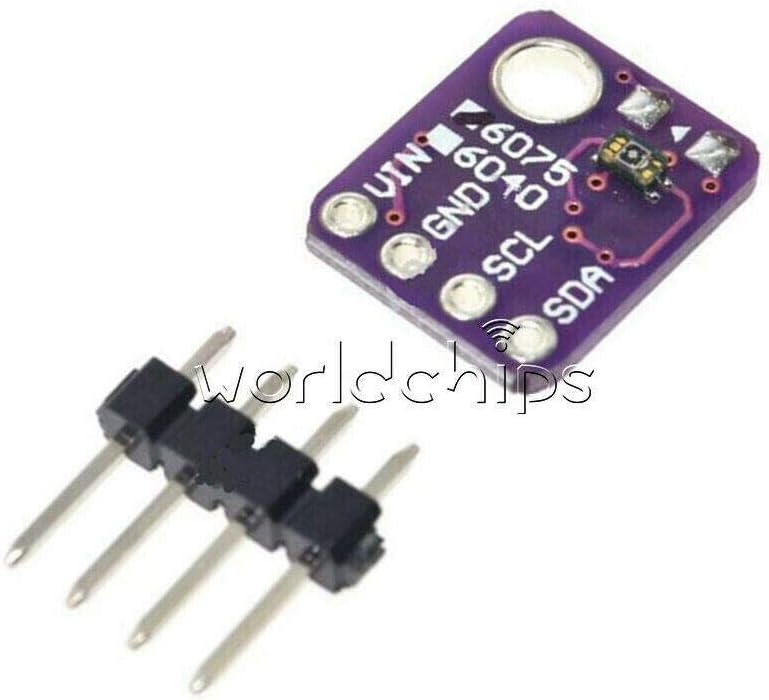 VEML6075 Ultraviolet Light Intensity Sensor Module - a purple circuit board with four pin holes and an included four-pin header strip.