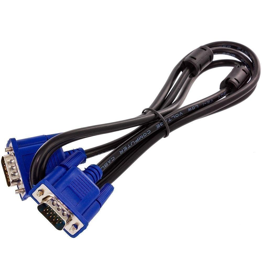 VGA Cable 1.5 Meter Male To Male d Sub Video Extension - a black cable with two blue 15-pin male VGA connectors and two ferrite beads.