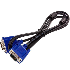 VGA Cable 1.5 Meter Male To Male d Sub Video Extension - a black cable with two blue 15-pin male VGA connectors and two ferrite beads.