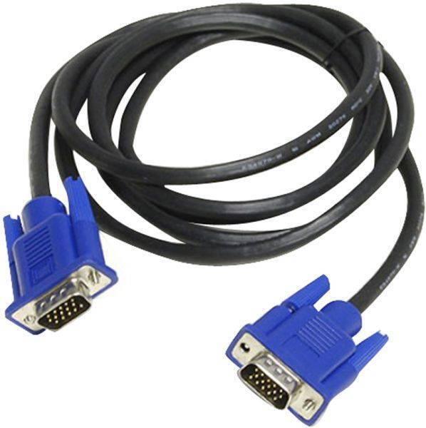 VGA Cable 1.5 Meter Male To Male d Sub Video Extension - shown as a coiled black cable with two blue 15-pin male VGA connectors at each end.