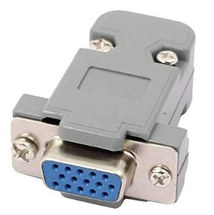 VGA Connector With Cover Type a Female dB-15 - shown as a grey plastic-housed 15-pin female connector with a blue port interface and mounting screws.