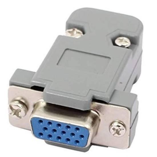 VGA Connector With Cover Type a Female dB-15 - shown as a grey plastic-housed 15-pin female connector with a blue port interface and mounting screws.