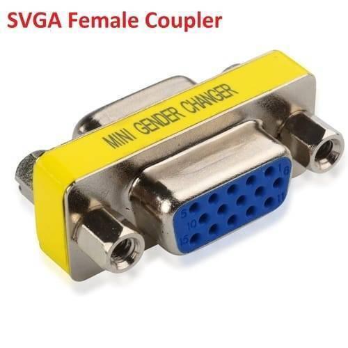 VGA Mini Gender Changer HD15 Female To Female VGA Coupler Cable Adapter - a yellow-bodied connector with two blue 15-pin female VGA ports.