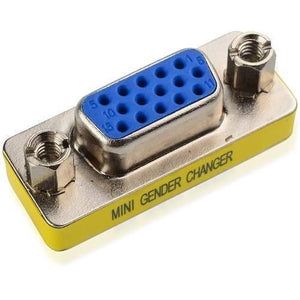 VGA Mini Gender Changer HD15 Female To Female VGA Coupler Cable Adapter - a yellow-bodied, 15-pin female-to-female VGA connector with metal casing.