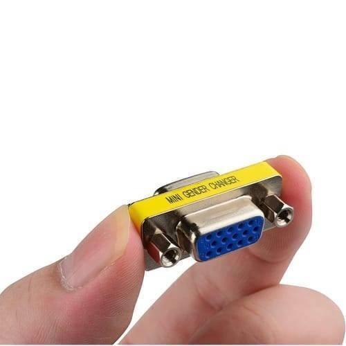 VGA Mini Gender Changer HD15 Female To Female VGA Coupler Cable Adapter - the yellow-cased connector with two blue female ports.