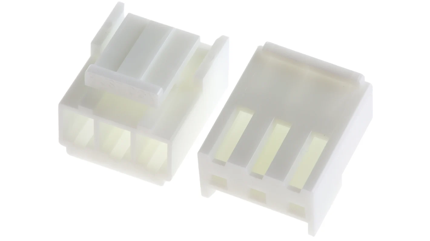 VHR Male and Female Connector Housing + THEMBEL , 3.96mm Pitch, 3 Way - pair of white plastic 3-pin connector housings shown side-by-side.