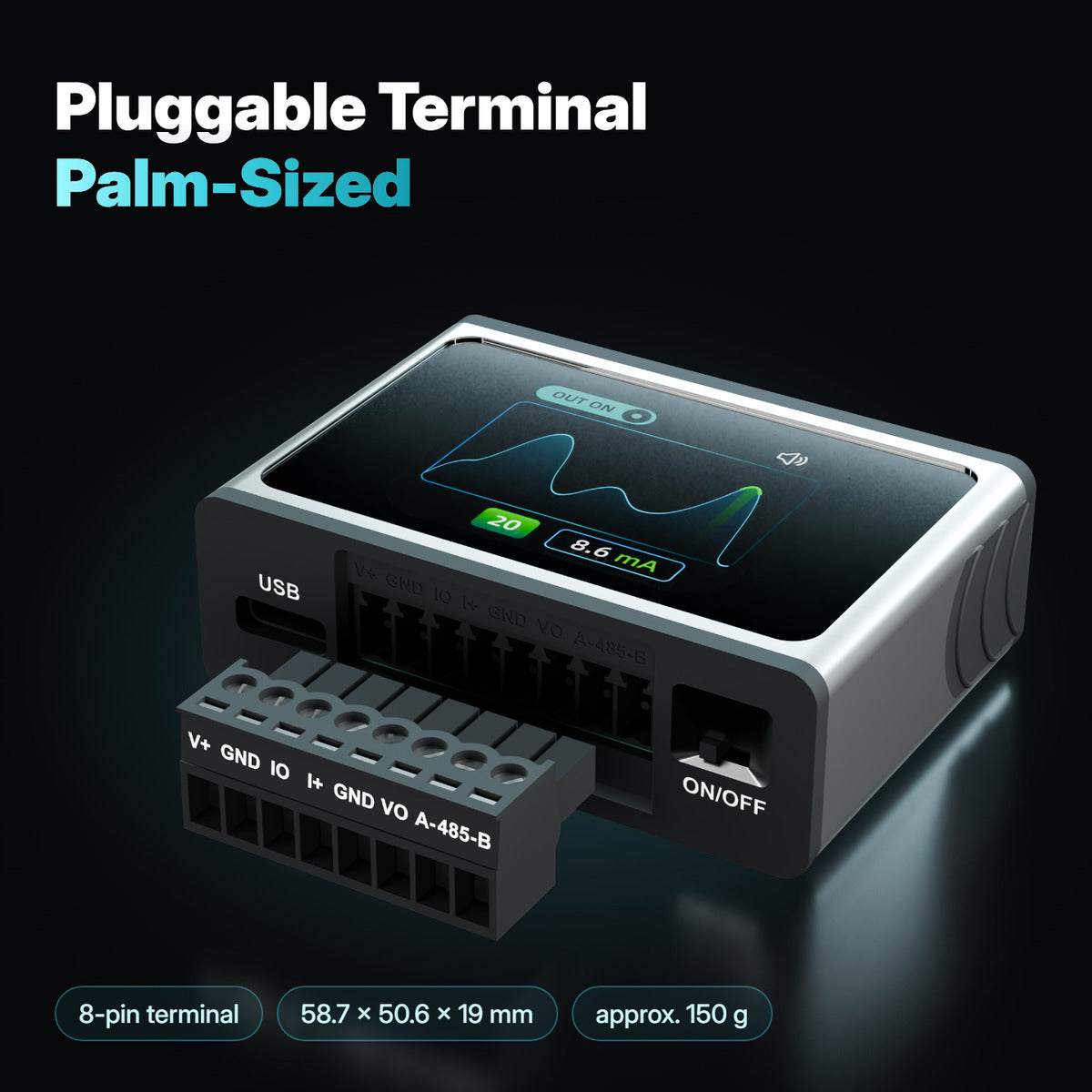 VigorTree VT-SG1224 signal generator 8-pin pluggable terminal, USB-C port and ON/OFF switch