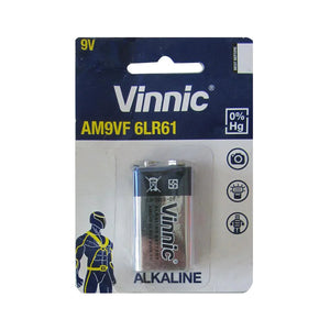 Vinnic Alkaline 9V Battery High Quality Am9vf 6LR61 - its original blue and white retail blister packaging with a superhero graphic.