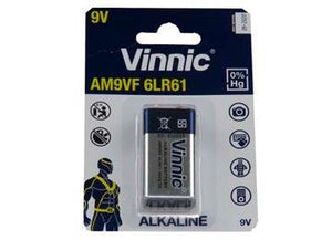 Vinnic Alkaline 9V Battery High Quality Am9vf 6LR61 - its original blue and white retail packaging, showing the battery centered behind a clear plastic blister.