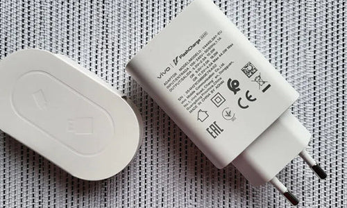 Vivo 80W Original FlashCharge Adapter with Cable - a white wall charger with printed specifications and a separate white oval-shaped cable cover.