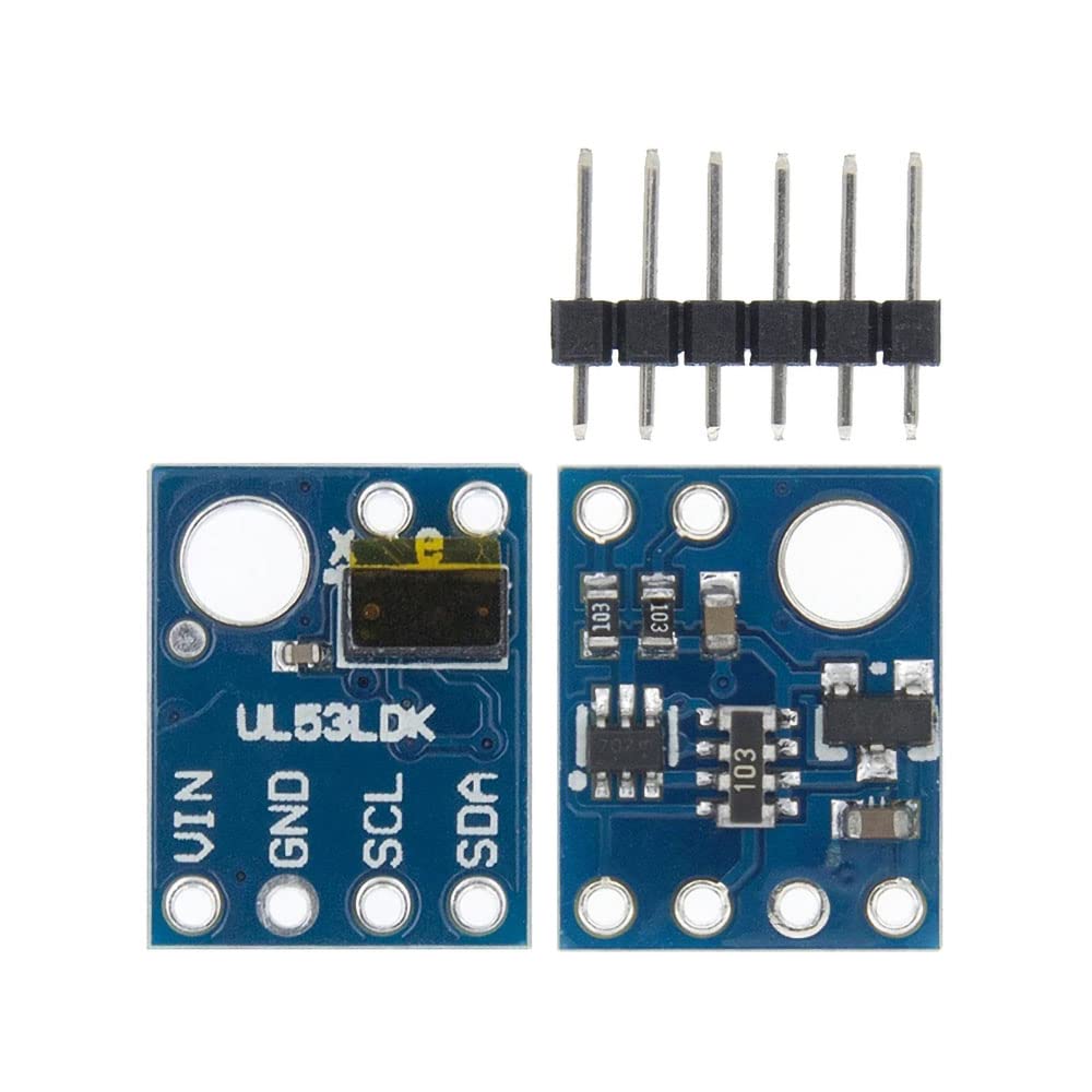 VL53L0X Laser Distance Sensor - shown with two blue circuit boards displaying pins and a separate six-pin header strip on a white background.
