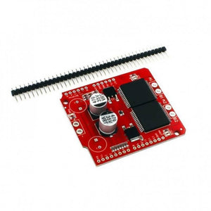 VNH3ASP30 Dual Monster DC Motor Driver Shield - a red circuit board with two black chips, two capacitors, and a separate row of header pins.