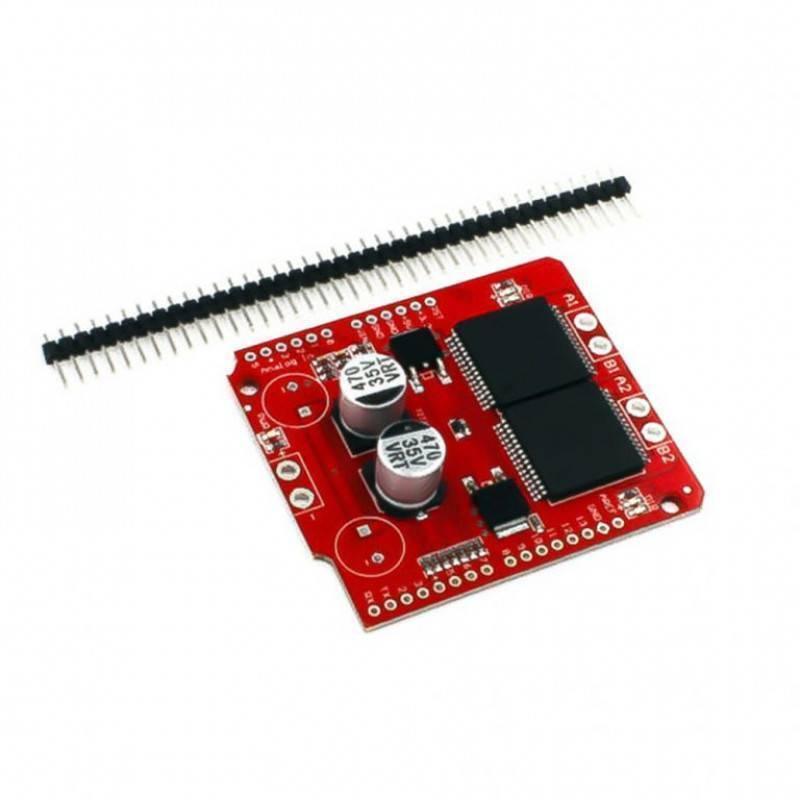 VNH3ASP30 Dual Monster DC Motor Driver Shield - a red circuit board with two black chips, two capacitors, and a separate row of header pins.