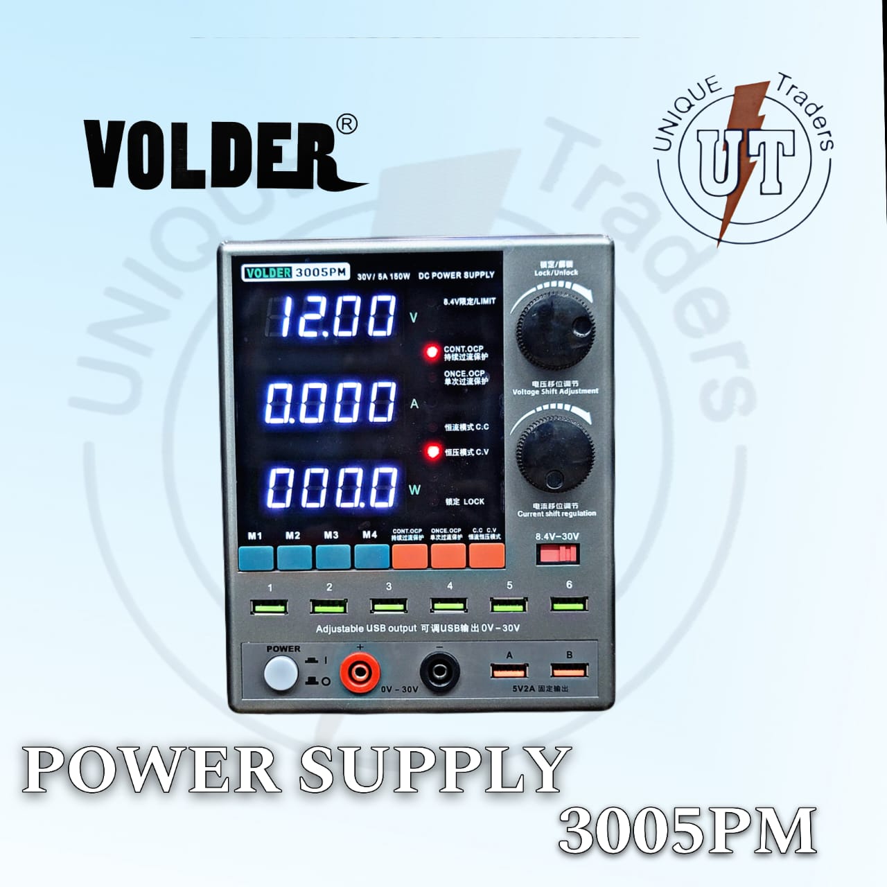 Volder Power Supply 3005PM | Precision Adjustable DC Supply | Digilog.pk - a grey DC unit showing 12.00V, 0.000A, and 000.0W on its display, with control knobs, USB ports, and output terminals.