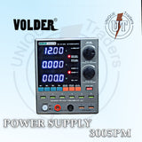 Volder Power Supply 3005PM | Precision Adjustable DC Supply | Digilog.pk - a grey DC unit showing 12.00V, 0.000A, and 000.0W on its display, with control knobs, USB ports, and output terminals.