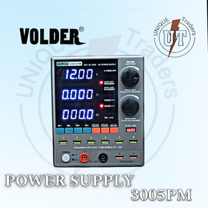 Volder Power Supply 3005PM | Precision Adjustable DC Supply | Digilog.pk - a grey DC unit showing 12.00V, 0.000A, and 000.0W on its display, with control knobs, USB ports, and output terminals.