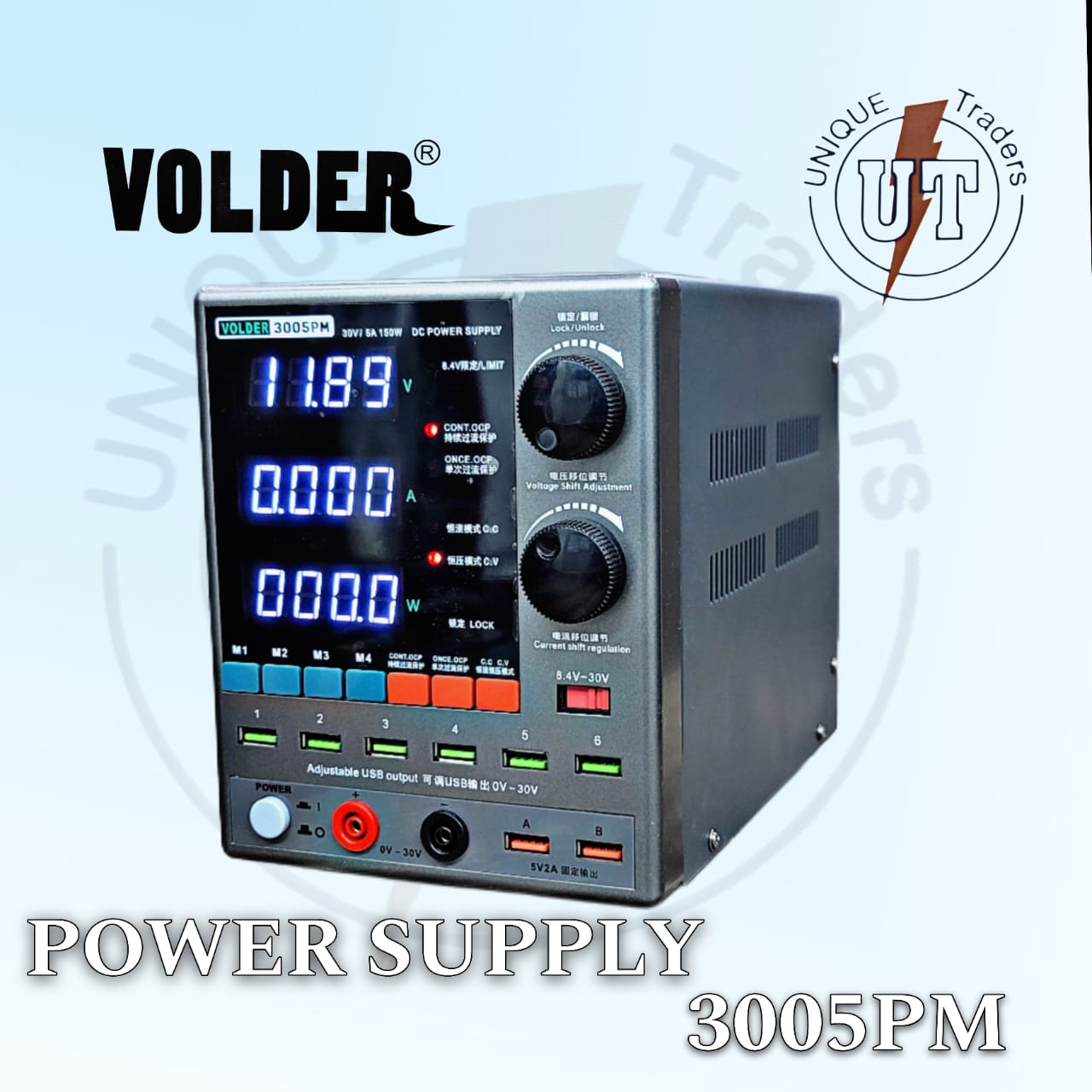 Volder Power Supply 3005PM | Precision Adjustable DC Supply | Digilog.pk - a grey DC power supply unit with three digital displays, two adjustment knobs, multiple USB ports, and output terminals.