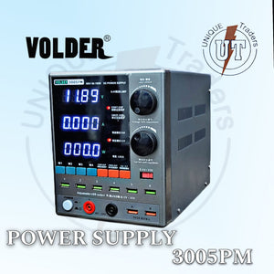 Volder Power Supply 3005PM | Precision Adjustable DC Supply | Digilog.pk - a grey DC power supply unit with three digital displays, two adjustment knobs, multiple USB ports, and output terminals.