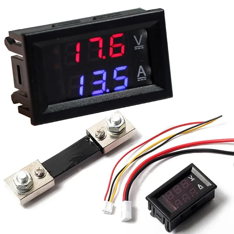 Voltmeter Ammeter DC 100V 50A display panel with Shunt - two black digital display modules and a metal shunt resistor with connecting wires.
